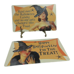 2 Metal Sexy Witch Tin Sign Halloween 6” X 10” Hand Over The Halloween Candy